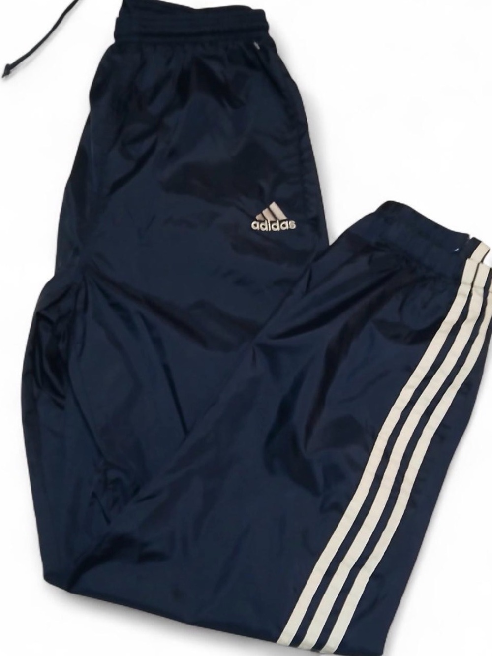 Vintage adidas Navy Track Pants with White Three Stripes and bottom Zippers Lg